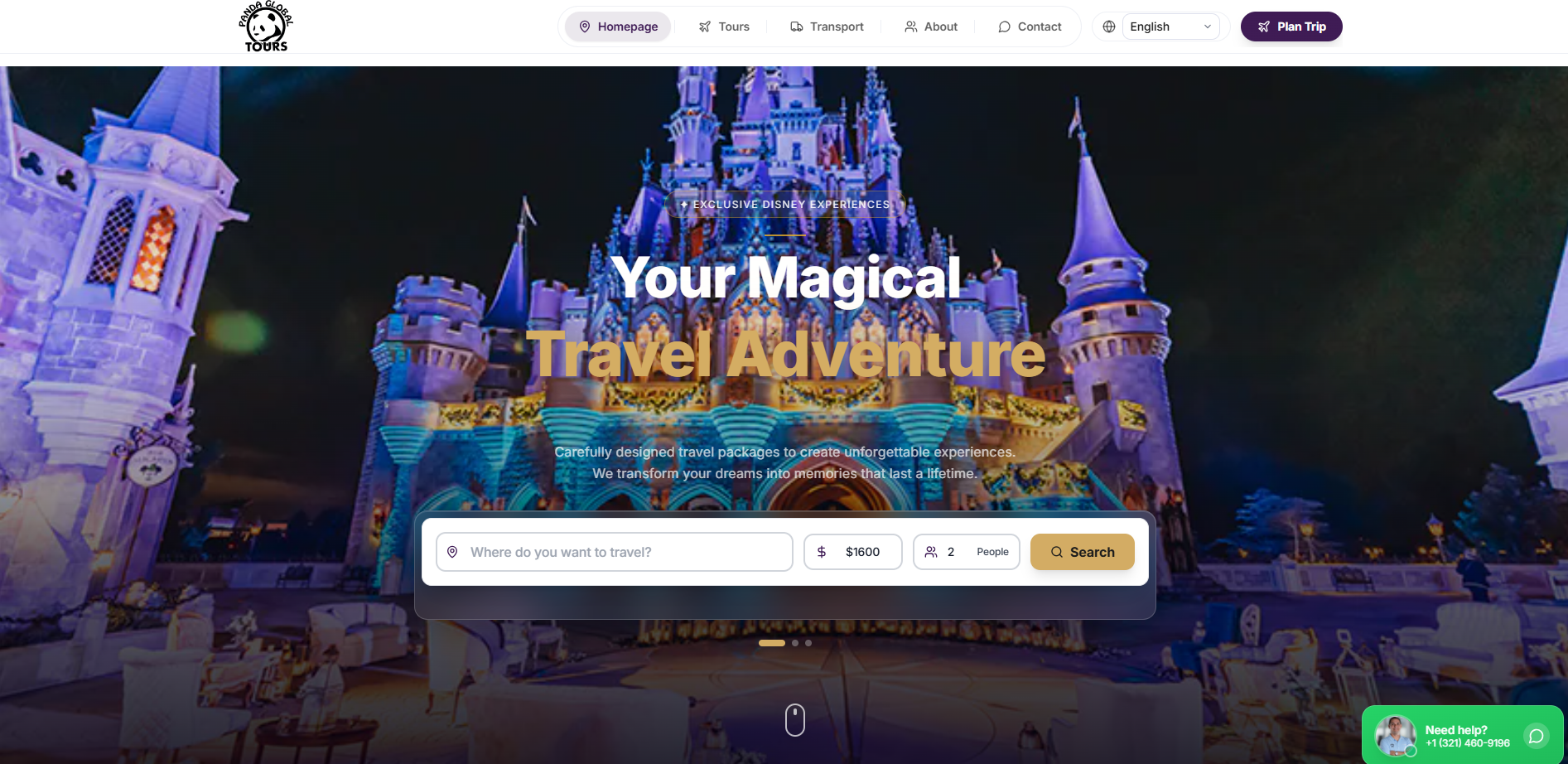 Responsive mockup of Panda Global Tours with Disney castle hero
