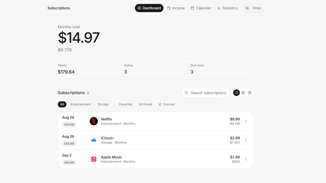Dashboard for subscriptions and recurring revenue